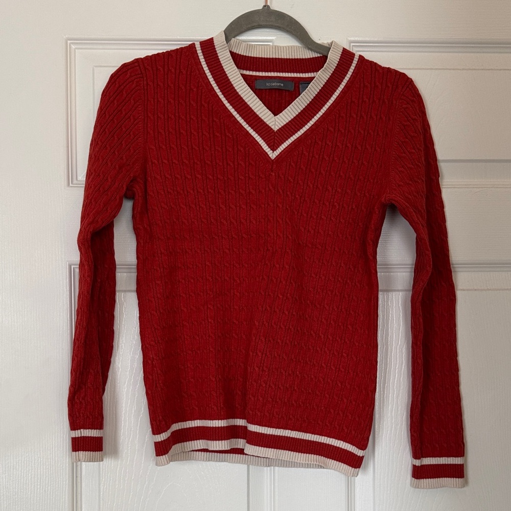 Liz Claiborne Red V-Neck Sweater with White Trim